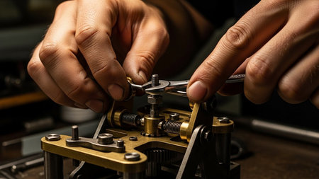 Close up of the hands of a watchmaker repairing a vintage watchの素材