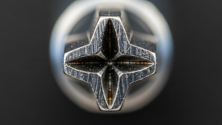 Macro shot of a screwdriver head on a black background.の素材