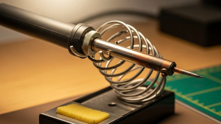 Soldering iron on a table in a workshop, close-upの素材