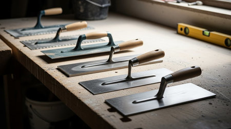 Set of trowel tools on a wooden table in the workshopの素材