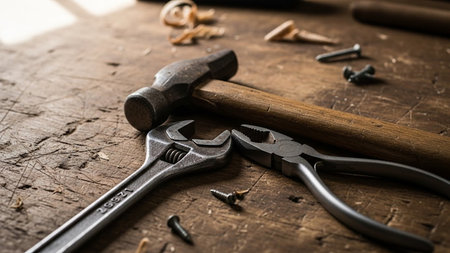 Old tools on a wooden background. Hammer, pliers, nails.の素材