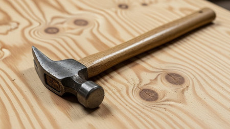 Hammer on a wooden table, close-up of a hammerの素材