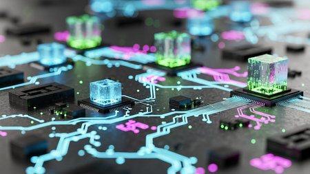 3D illustration of a circuit board with cubes and binary code.の素材