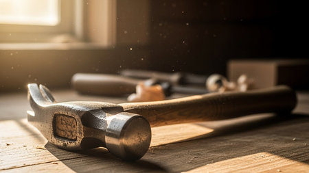 Hammer and tools on a wooden table in the background of the windowの素材