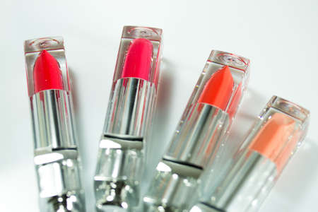 Close up of lipstick tubes of different colorの写真素材