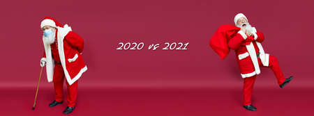 Two Santa Clauses as 2020 vs 2021 concept, banner.