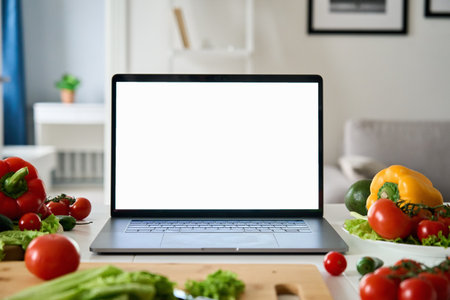 Laptop computer with mockup white screen on food vegetable background.