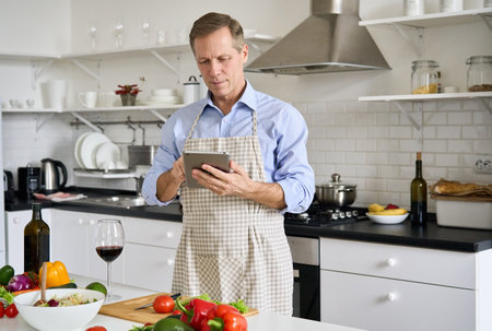 Old senior 50s man wearing apron using tablet preparing salad in kitchen.の写真素材