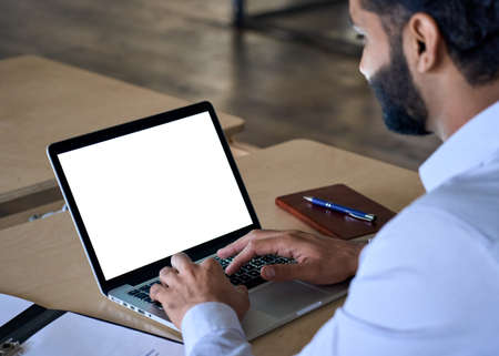 Over shoulder view of white blank empty mockup screen for advertising.