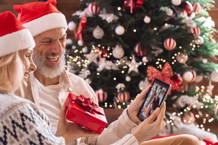 Happy grandparents old couple greeting family on Christmas video call.の写真素材