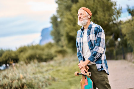 Older hipster man skater standing in nature park holding skate.の写真素材