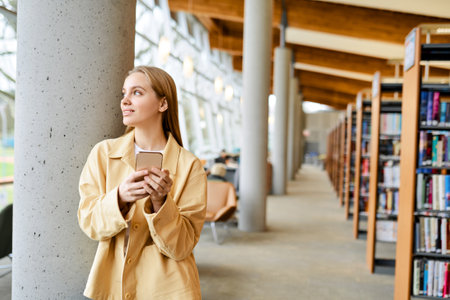 Girl student using mobile phone looking away standing in university library.