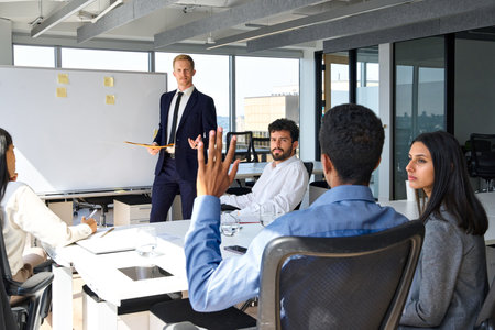 Business man manager leader answering questions during presentation training.