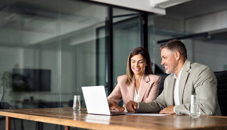 Two professional business executives working using laptop at office meeting.