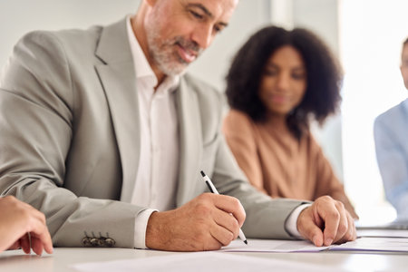 Senior businessman ceo investor wearing suit signing business legal document.