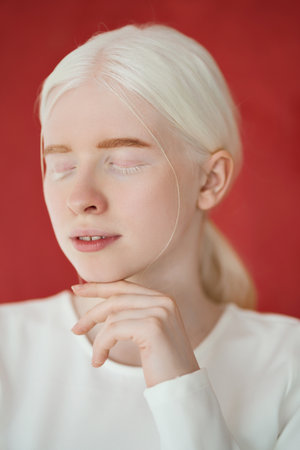 Albino girl model on red studio background. Inclusive woman portrait.の写真素材