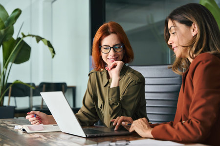 Two happy busy diverse women working together using computer at desk in office.の写真素材