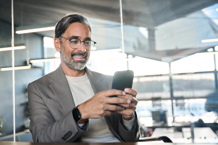 Smiling mature business man executive sitting at desk using smartphone.の写真素材