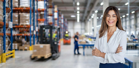 Warehouse manager standing near cardboard boxes background.の写真素材