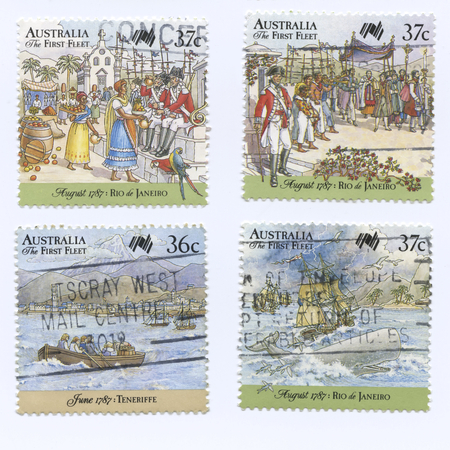 Set of Australia the First Fleet Stamps, shipping and exploring eventsのeditorial素材