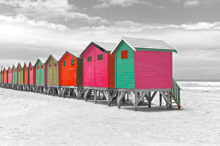 Row of painted beach huts in Cape Town, South Africaの写真素材