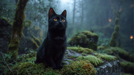 Black cat with glowing amber eyes perched on a moss-covered rock in a foggy forest, mystical and enchanting atmosphereの素材