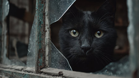 Black cat with glowing eyes framed by a broken window in an abandoned building, eerie and cinematic toneの素材
