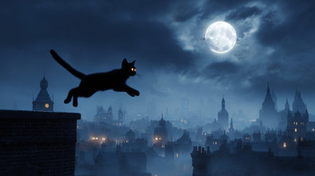 Black cat with glowing eyes leaping from rooftop to rooftop in a moonlit cityscape, motion blur and dramatic shadowsの素材
