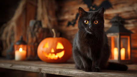 Black cat with glowing eyes sitting beside a jack lantern, Halloween night scene with spooky decorationsの素材