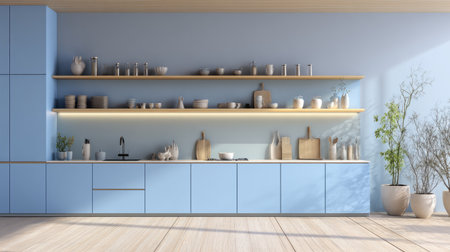 3D rendering of bright minimalist kitchen interior, sleek blue cabinets, open shelving with ceramics, and streamlined decor creating modern eleganceの素材