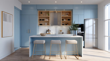 Bright and airy modern kitchen design, 3D rendered with matte blue cabinetry, open shelving for decor, and minimalist furniture elementsの素材