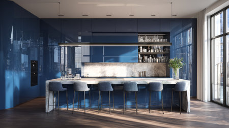 Contemporary kitchen with glossy blue cabinetry, minimalist decor accents, open shelves holding glassware, and bright natural lighting in 3D renderingの素材