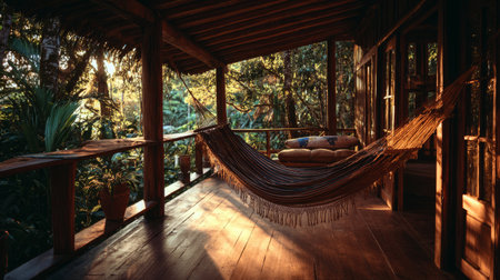 Cozy hammock on wooden terrace of rustic cabin, surrounded by tropical jungle greenery with soft sunlight casting warm shadows across the woodの素材