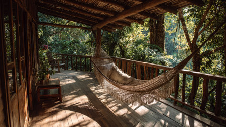 Cozy hammock on wooden terrace of rustic cabin, surrounded by tropical jungle greenery with soft sunlight casting warm shadows across the woodの素材