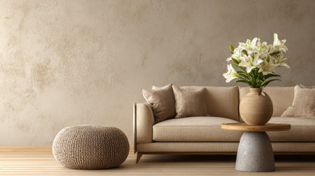 Elegant minimal living space with beige sofa, vase of lilies as decor, round pouf, and neutral textured wall offering copy spaceの素材