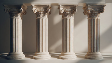 Five tall columns standing in harmony, fluted shafts and decorated capitals, soft natural light, neutral background emphasizing detailの素材