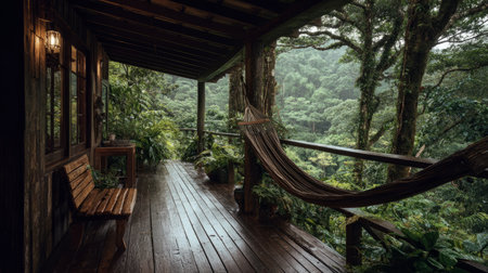 Hammock swaying on wooden terrace of rustic cabin, dense forest greenery visible beyond, creating a serene and natural retreat atmosphereの素材