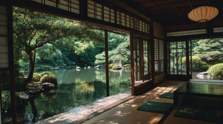 Minimal Japanese room overlooking manicured garden, featuring tatami mats, sliding doors, paper lanterns, and serene water reflections outsideの素材