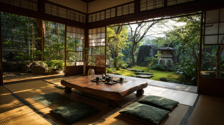 Japanese tea room interior with tatami flooring, low wooden table, open shoji doors revealing moss garden, and gentle morning light filling the spaceの素材