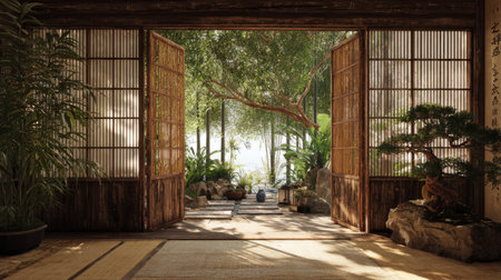 Japanese interior featuring bamboo screens, tatami mats, open doors leading to lush garden, with bonsai plants and natural sunlight enhancing serenityの素材
