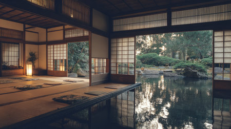 Minimalist Japanese room overlooking tranquil garden, sliding shoji doors open to koi pond, natural wood elements and soft ambient light filling the spaceの素材