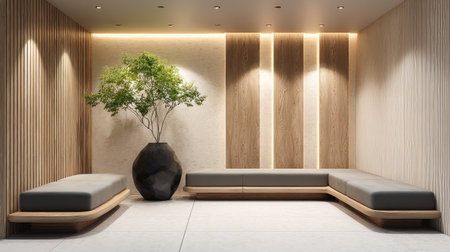 Minimalist waiting area in contemporary office, 3D rendered with sleek benches, decorative wooden panels, large potted plant, and warm lightingの素材