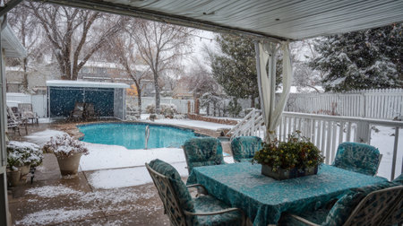 Patio furniture under thick waterproof tarps, pool secured with safety cover, winter snowflakes falling across backyard deckの素材