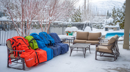 Outdoor patio furniture protected with waterproof covers during winter, snowy background with pool safety gear secured neatly for seasonal storageの素材