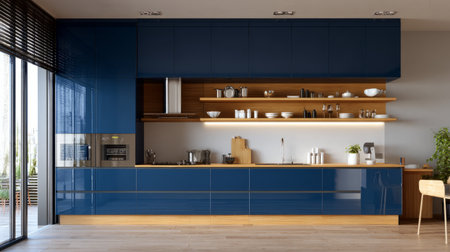 Sleek minimalist kitchen featuring glossy blue cabinets, wooden open shelving, bright 3D rendered environment with modern accentsの素材