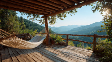Rustic wooden terrace featuring a hammock swaying gently, overlooking scenic hills covered with dense green forest under bright morning sunlightの素材