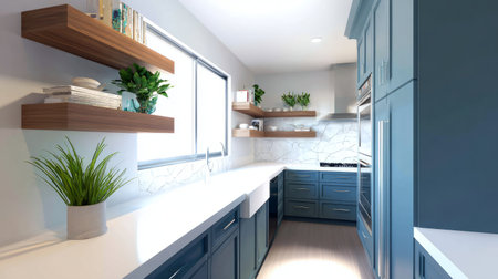 Sleek blue cabinetry in a modern kitchen design, 3D rendered with open shelving, minimal details, bright white countertops, and soft natural lightingの素材