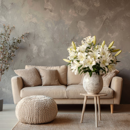 Stylish living space with beige sofa, large bouquet of white lilies in vase, round pouf, and textured neutral wall backdrop with copy spaceの素材