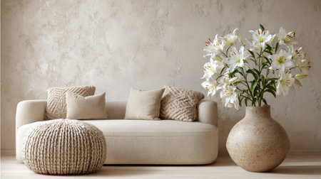 Stylish elegant room featuring beige sofa, round pouf, floral vase of white lilies, and textured neutral wall with clear copy spaceの素材