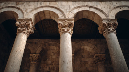 Timeless architecture featuring five tall stone columns, soft daylight highlighting carved details, set against neutral backgroundの素材